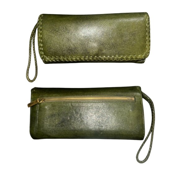 Hobo Intl Clutch Green Textured Leather Wallet Folding Wristlet Whipstitch Trim - Picture 3 of 9